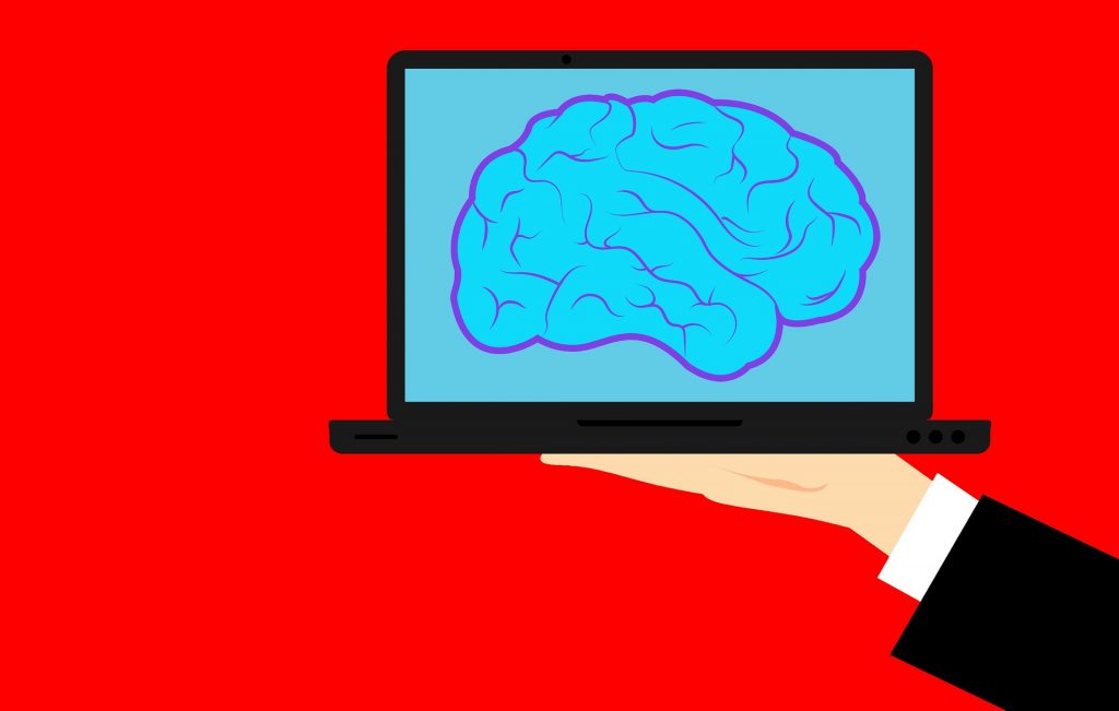Illustration of a marketing professional holding a laptop with an image of a brain on the screen.