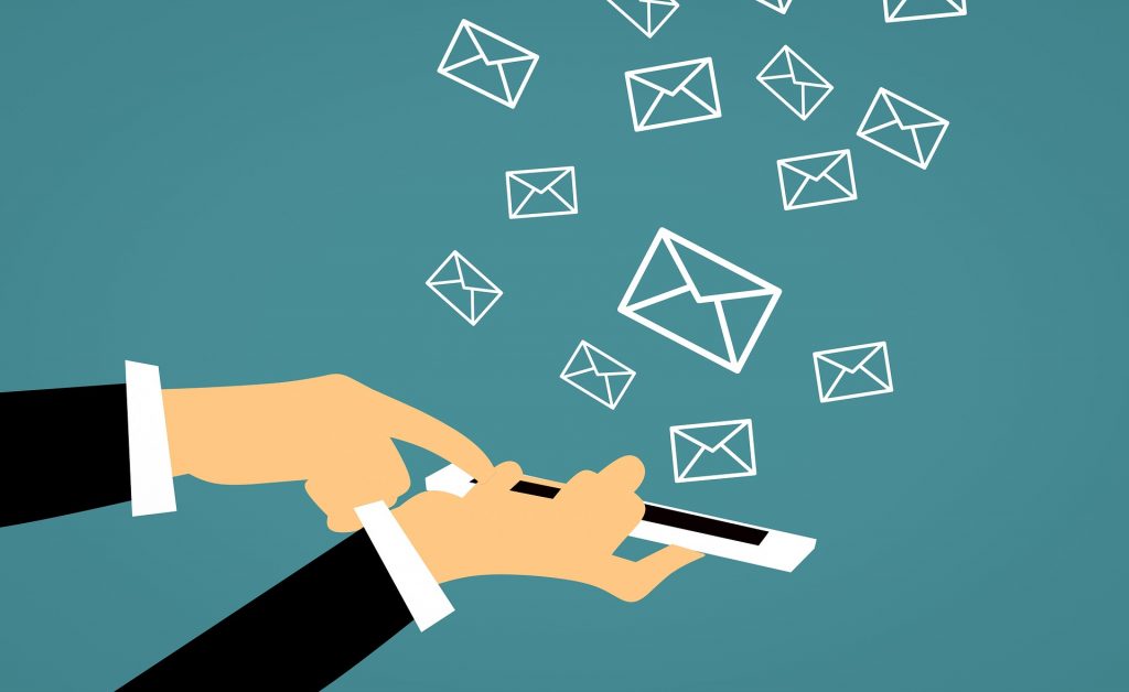 Illustration of a hand pressing send on an email marketing blast.