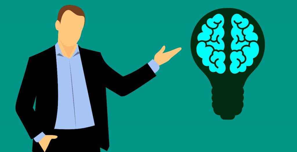 Illustration of a marketing professional gesturing at a brain.