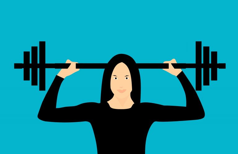 Illustration of a woman holding a large, heavy weight on her shoulders. She's feeling motivated.