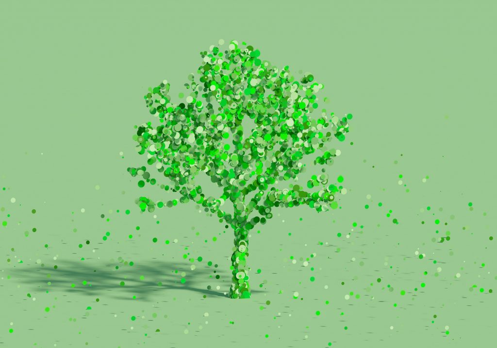 Illustration of a green tree made up of many dots.