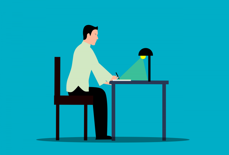 Illustration of a student sitting at a desk while thinking about what to write.