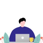 Illustration of a student sitting at their laptop, with a coffee and plants surrounding them as they work on an essay.