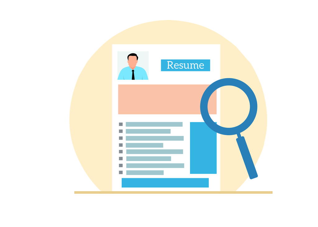 Colorful illustration of a magnifying glass inspecting a resume.