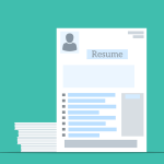 Illustration of one resume standing upright, sticking out from a stack of other resumes.