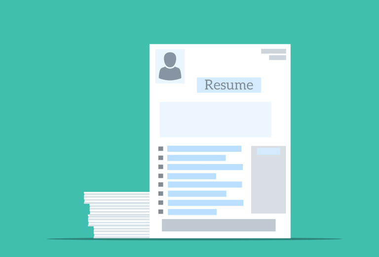 Illustration of one resume standing upright, sticking out from a stack of other resumes.